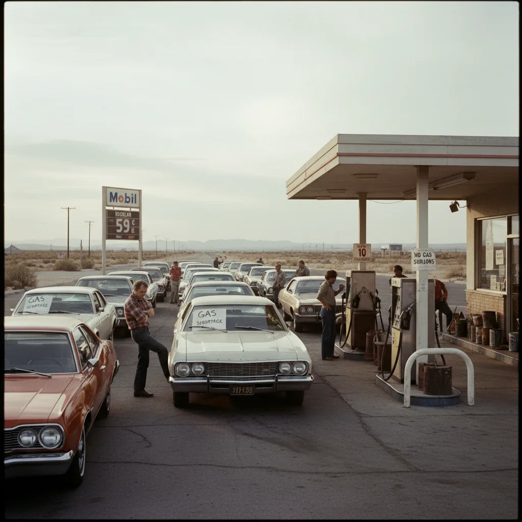 Long lines of cars at a gas station during the 1973 oil crisis.