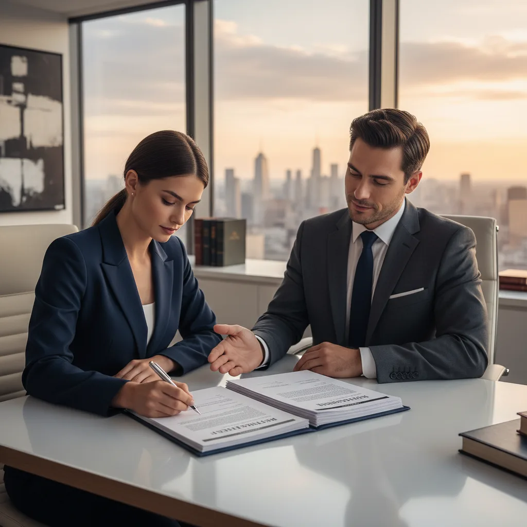 Client and lawyer signing a complex retainer agreement document.
