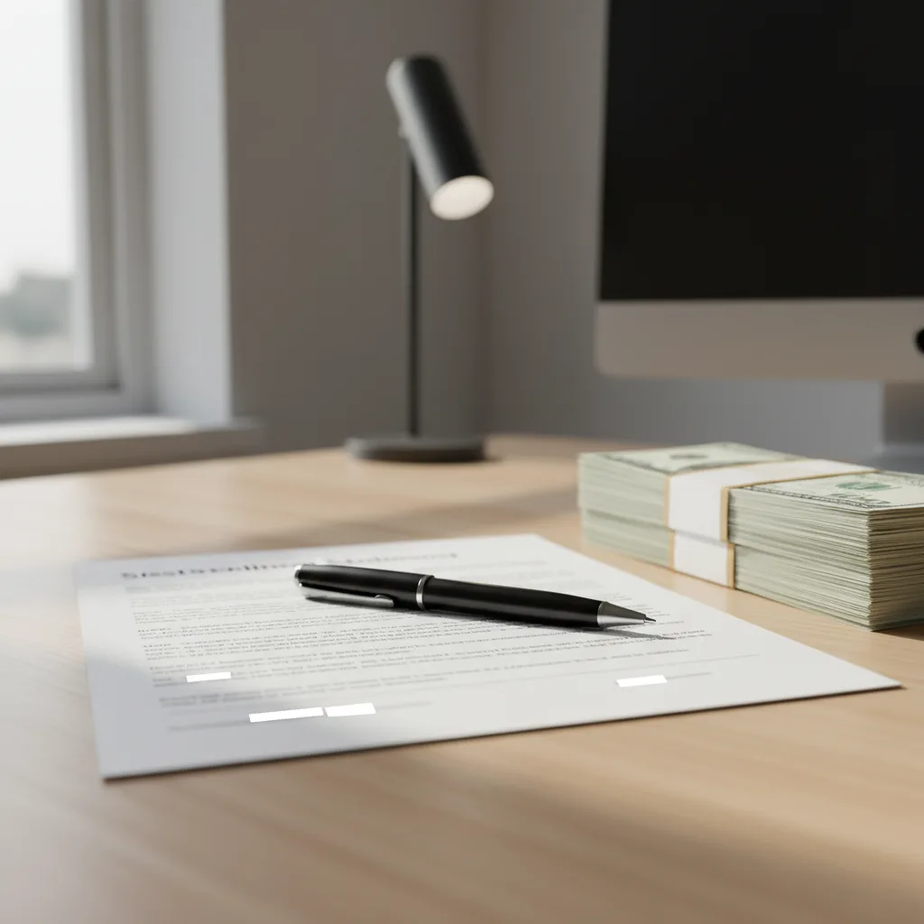 Detailed settlement statement document with money and pen.
