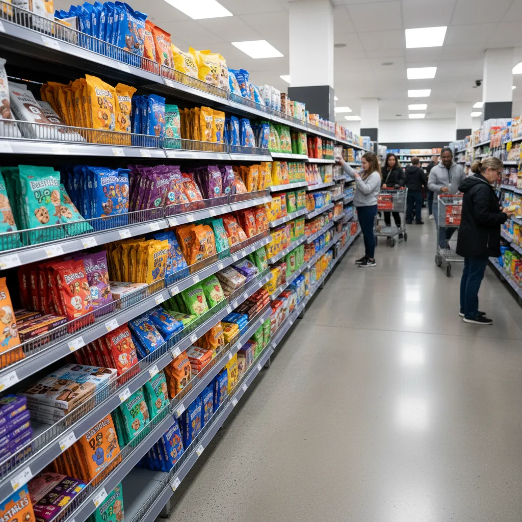 Feastables chocolate bars displayed prominently in a modern supermarket aisle.