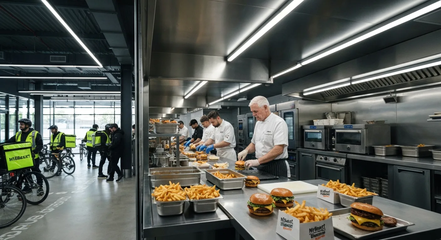MrBeast Burger meals being prepared in a busy ghost kitchen.