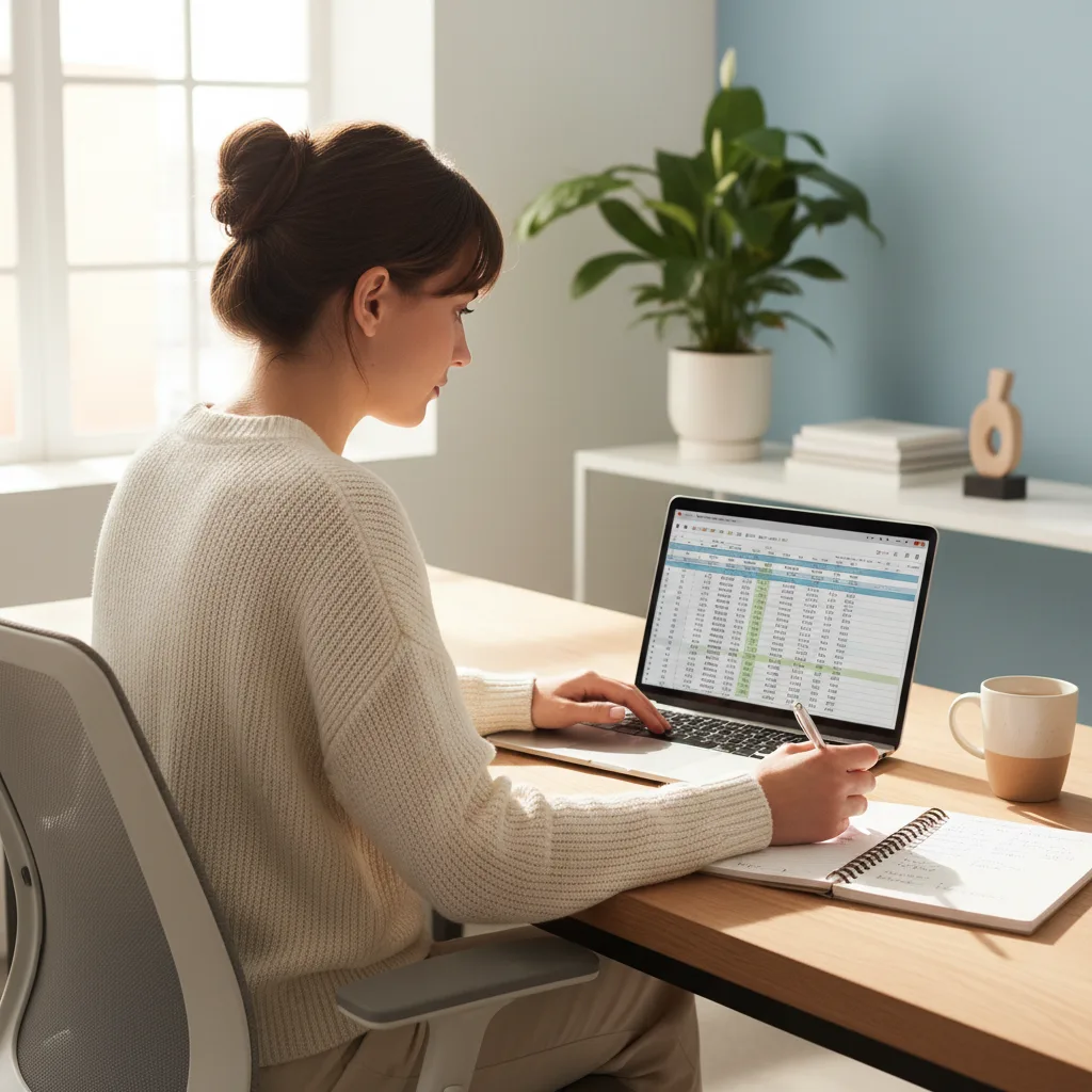 Giovane donna che gestisce le finanze sul laptop, monitorando le spese.