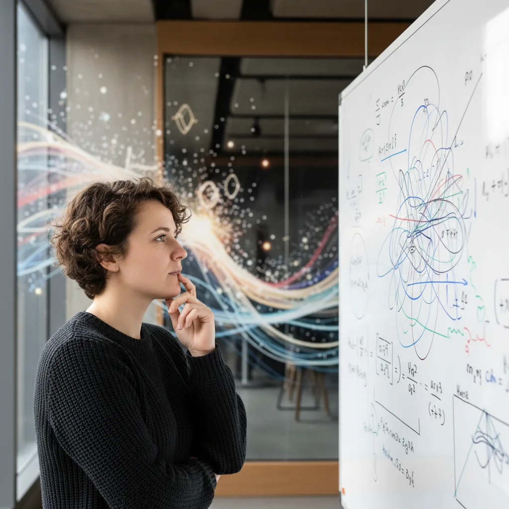 Person contemplating the abstract nature of quantum physics.