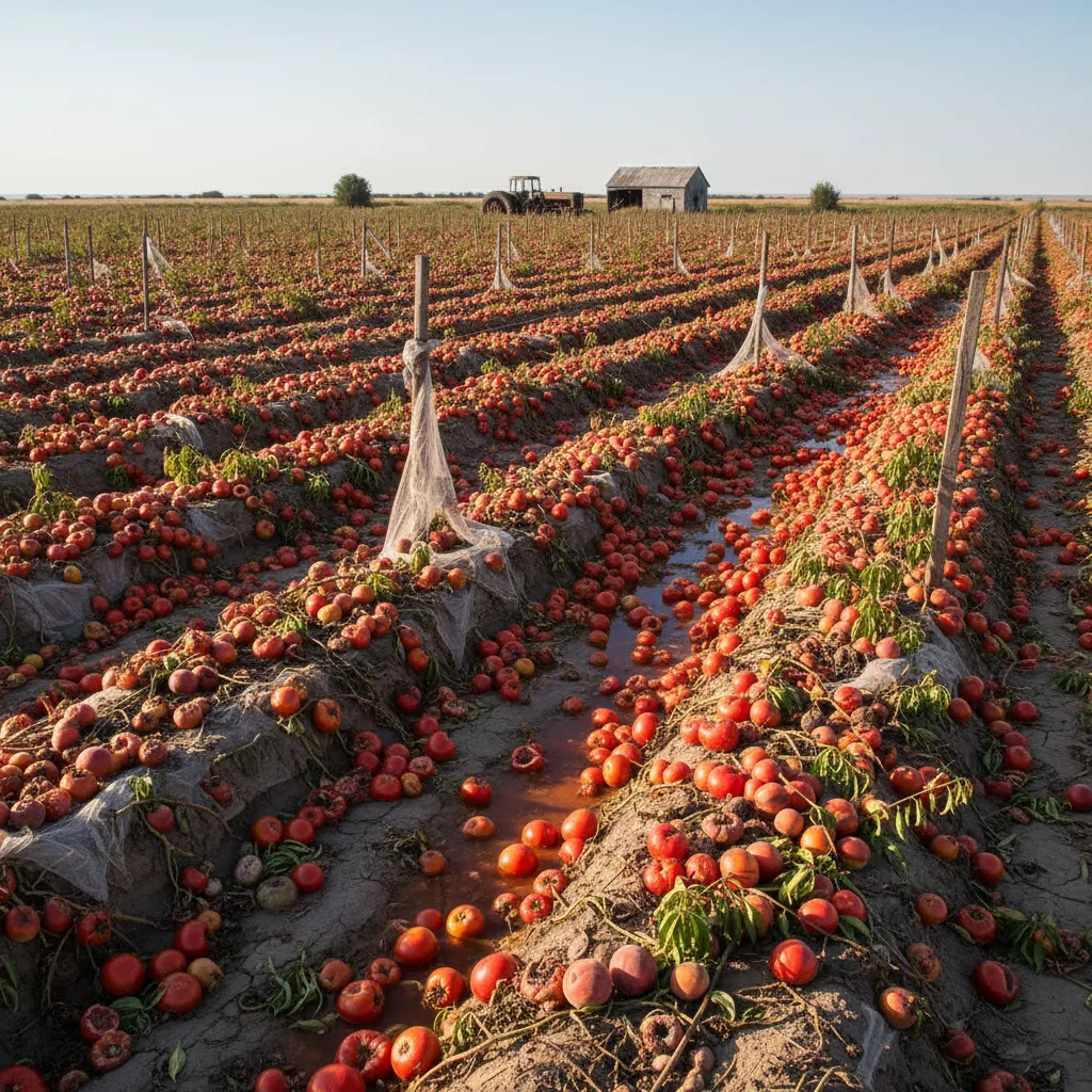Unharvested crops rotting in fields due to labor shortages.