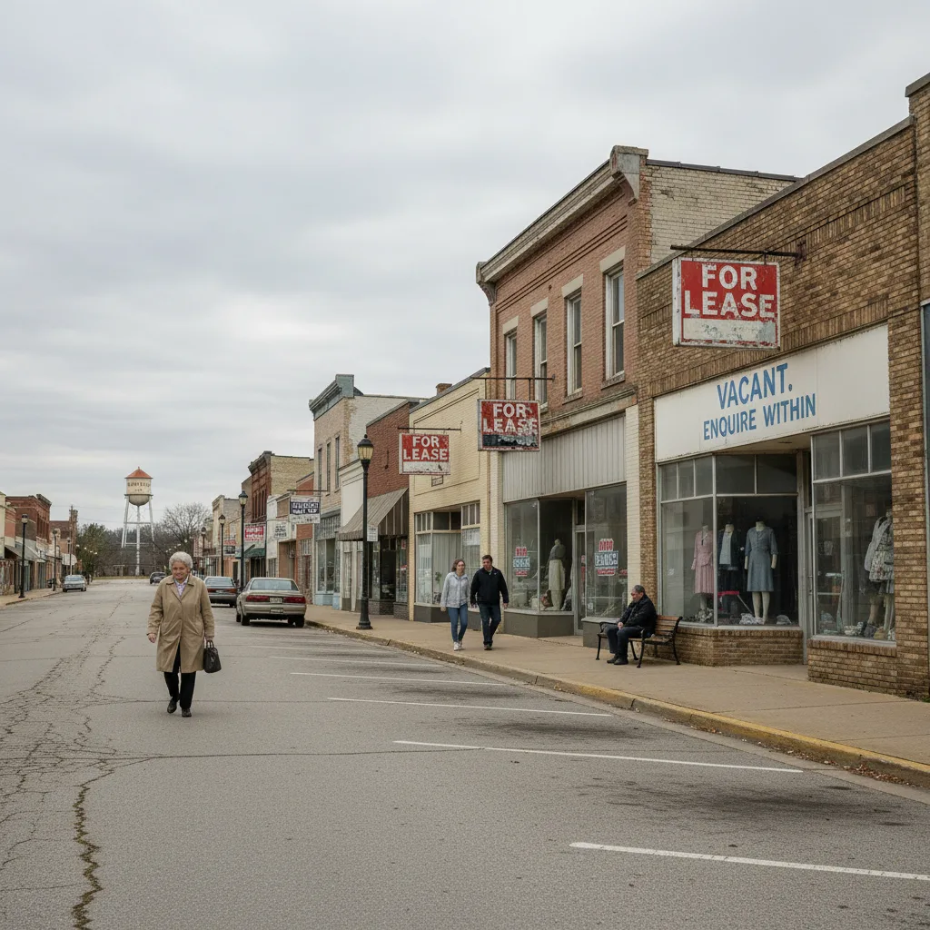 Empty main street of a small town, businesses struggling after raids.