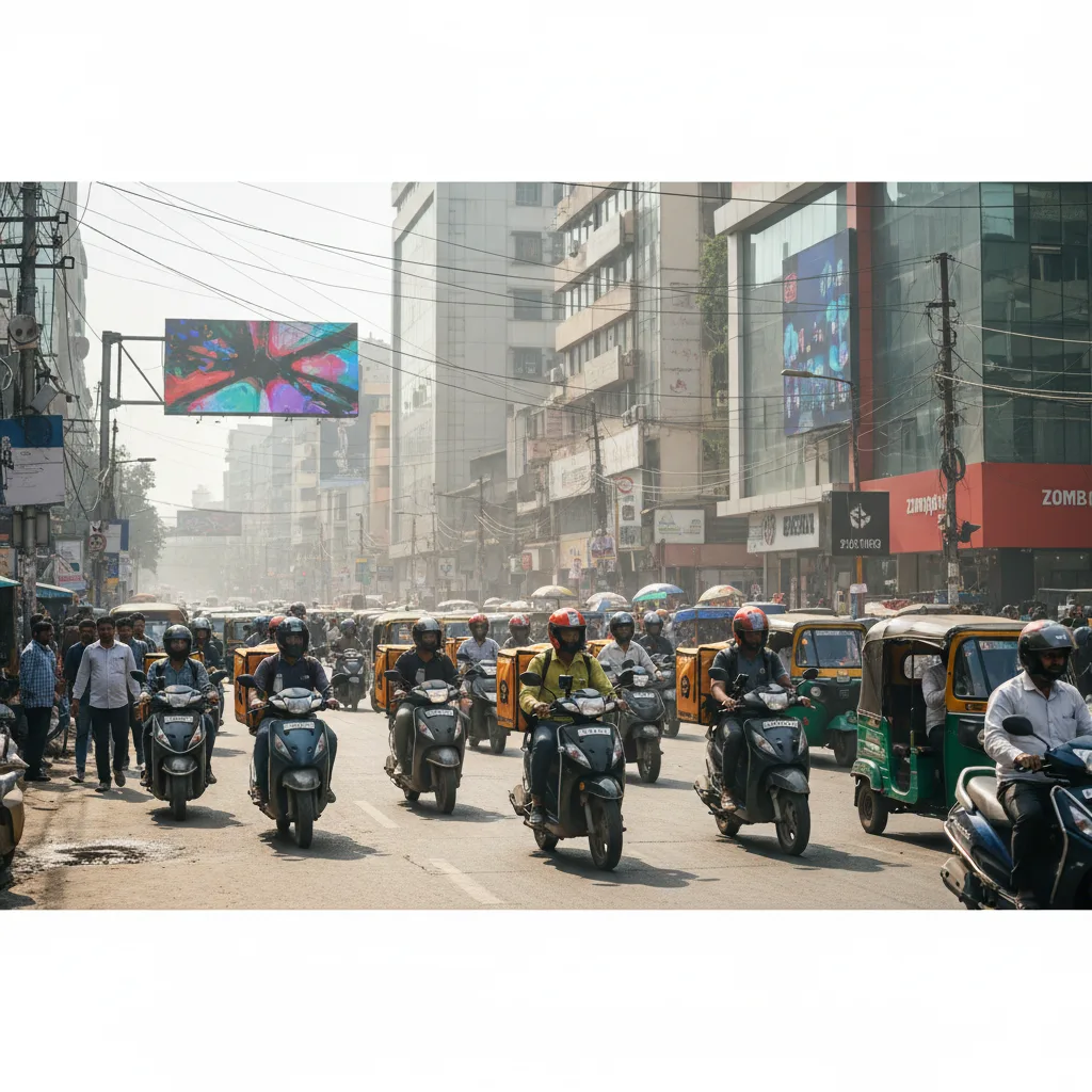 Travailleurs indiens de l'économie des petits boulots livrant de la nourriture et des services de transport dans une ville animée.