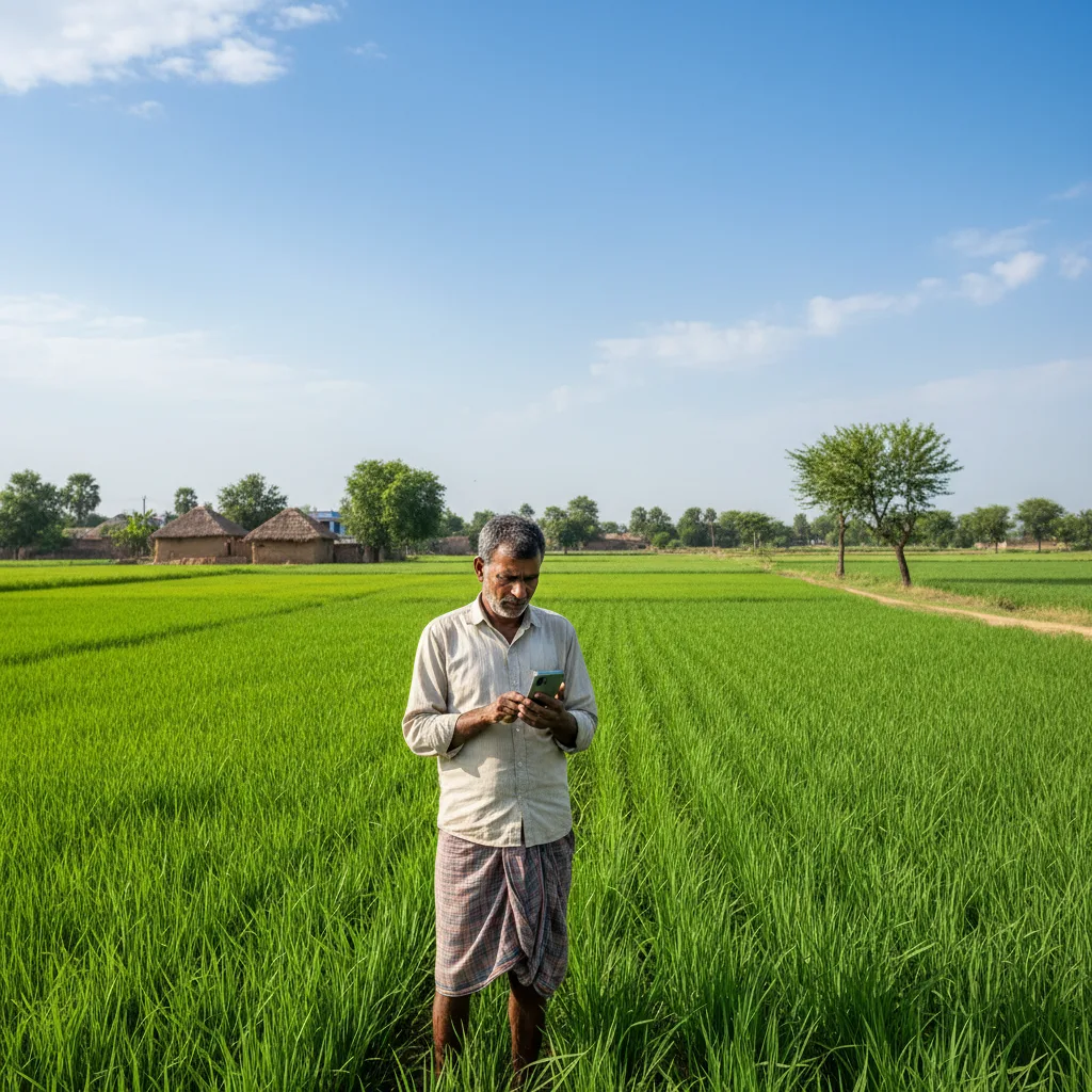 Agriculteur indien utilisant un smartphone pour surveiller les cultures dans un champ.