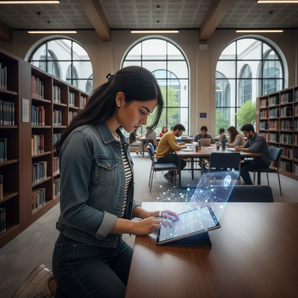 Estudiante iraní aprendiendo física con un tutor de IA en una tableta.
