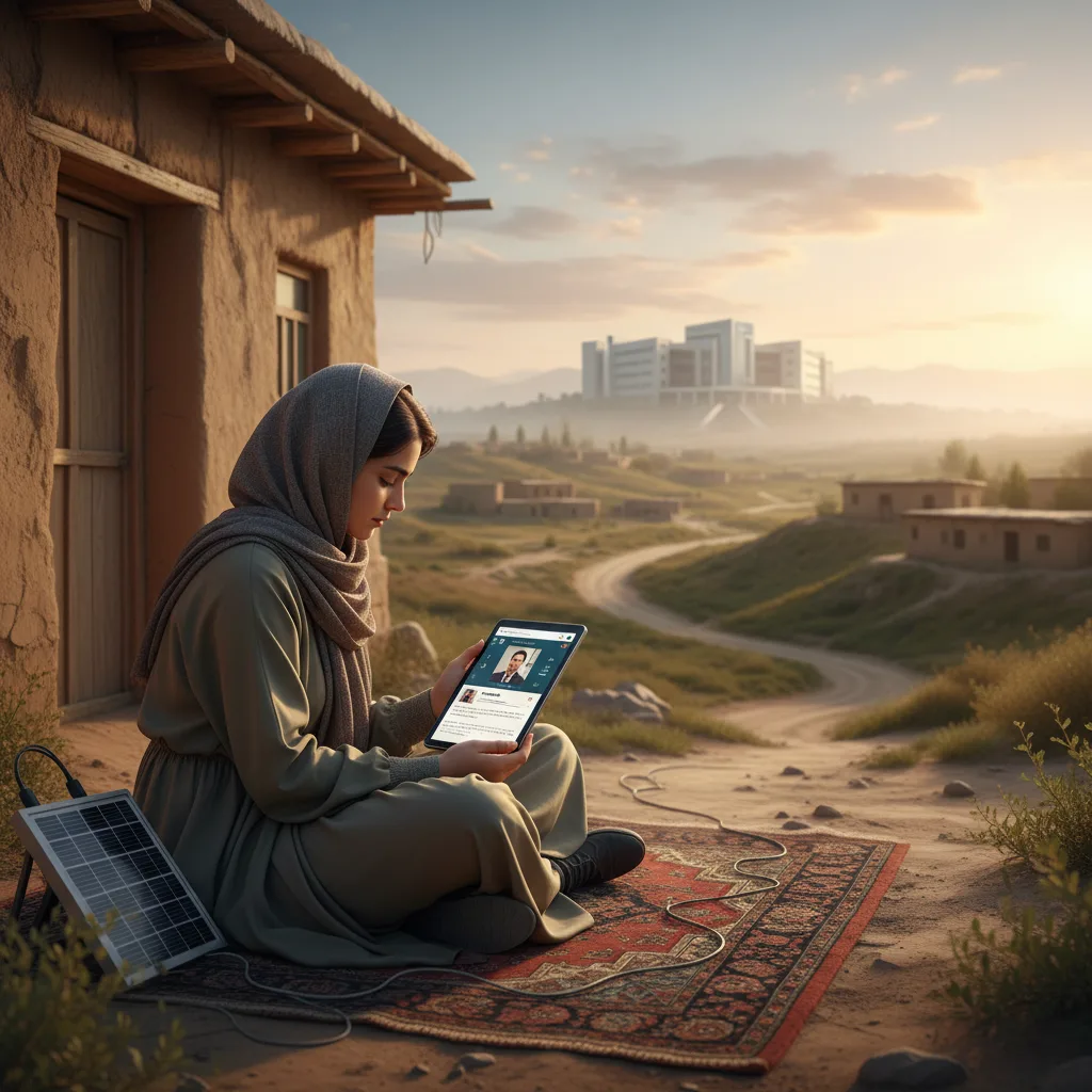 Estudiante rural iraní usando una tableta para un curso universitario en línea.
