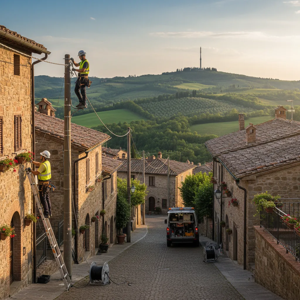 Técnicos instalando cables de fibra óptica en un pueblo rural italiano.