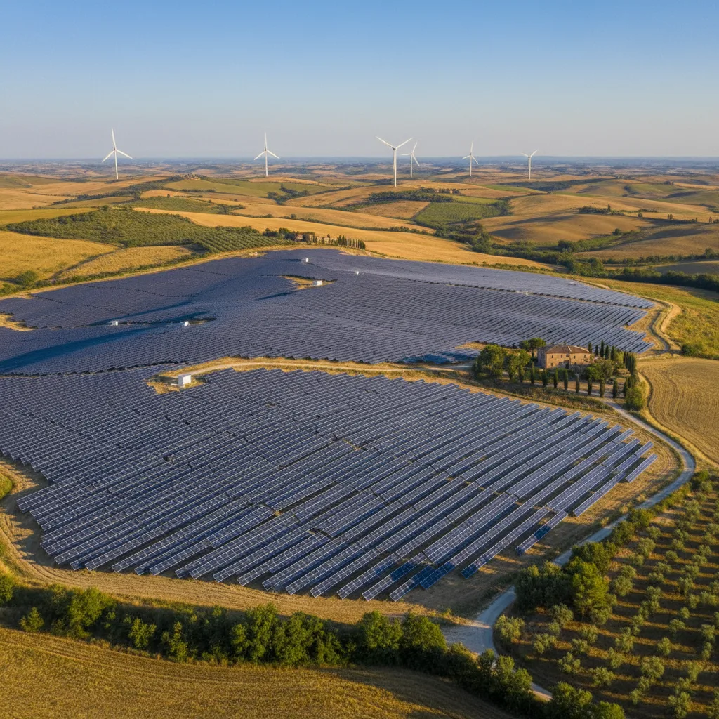 Paneles solares y turbinas eólicas en un soleado paisaje italiano.