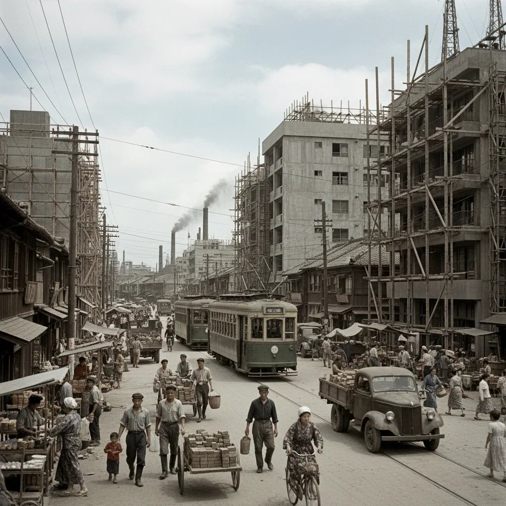 Post-World War II Japan rebuilding, industrialization, 1950s.