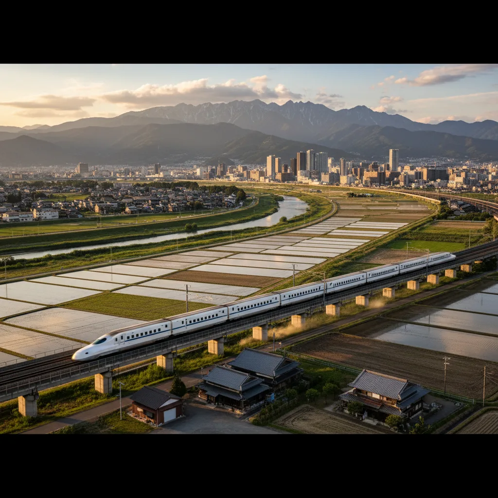 Modern Japanese Shinkansen bullet train speeding through a landscape.