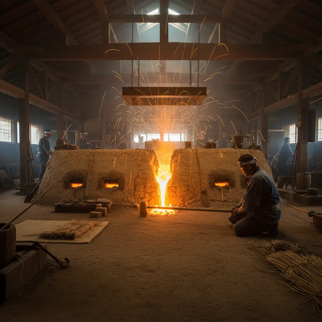 Horno tatara tradicional produciendo acero tamahagane para la forja de katanas.
