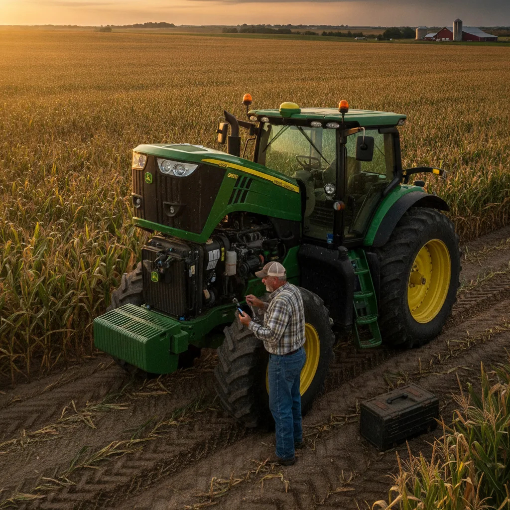 Nel marzo 2017, il trattore John Deere dell'agricoltore Kevin Kenney si è bloccato nella sua fattoria in Nebraska, ma non è riuscito a ripararlo senza il software diagnostico specializzato bloccato dal produttore, un momento cruciale che ha evidenziato l'urgente necessità di una legislazione sul diritto alla riparazione. (Illustrazione generata dall'IA)