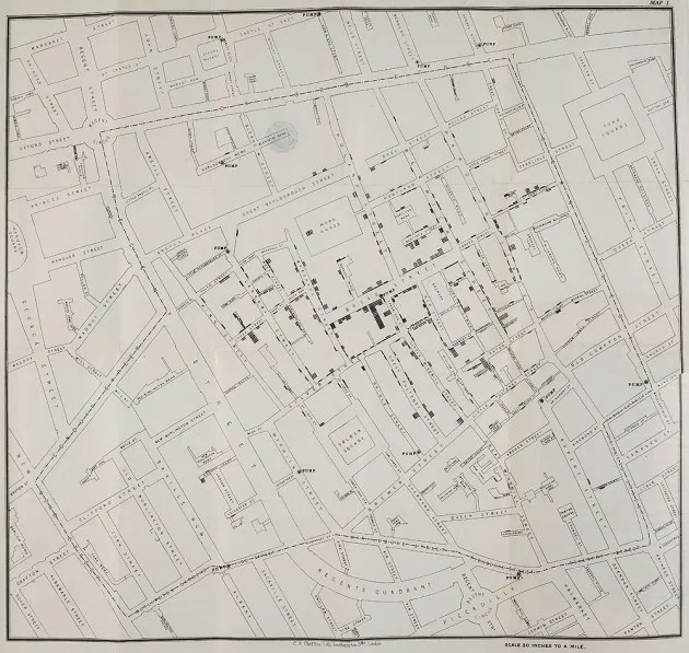 In 1854, physician John Snow famously mapped cholera deaths in London's Soho district, pinpointing t