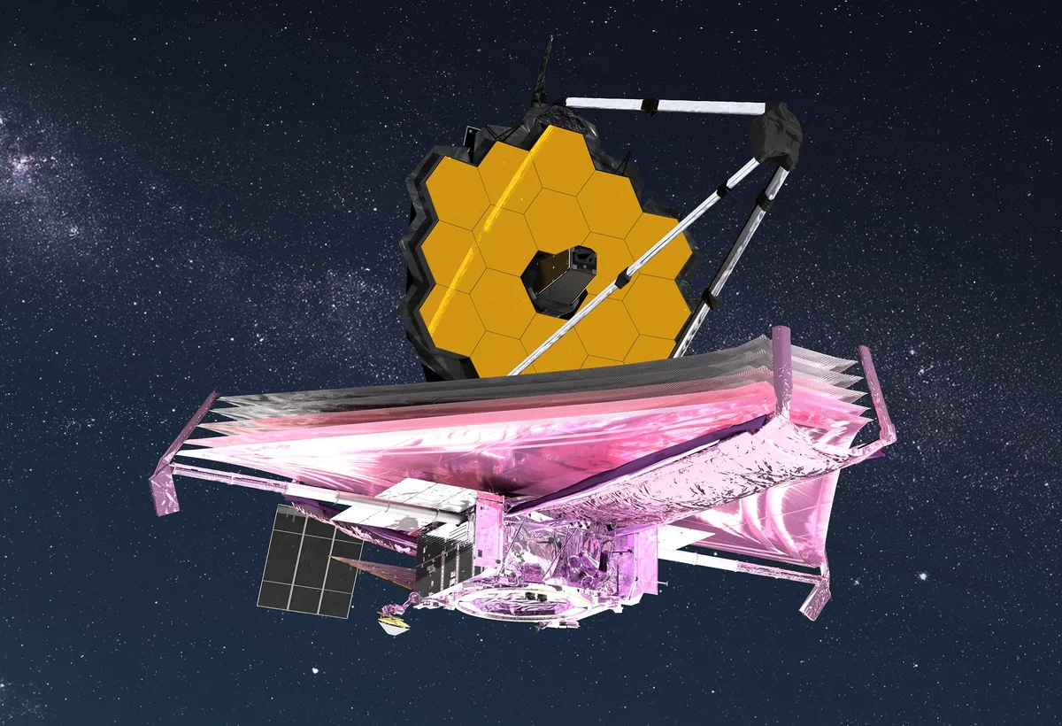 The James Webb Space Telescope, launched in December 2021, is seen fully deployed in space. Its 6.5-