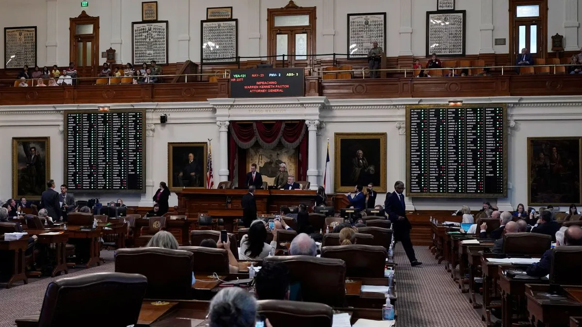 La chambre de la Chambre des représentants du Texas à Austin, où les membres ont voté 121-23 pour destituer le procureur général
