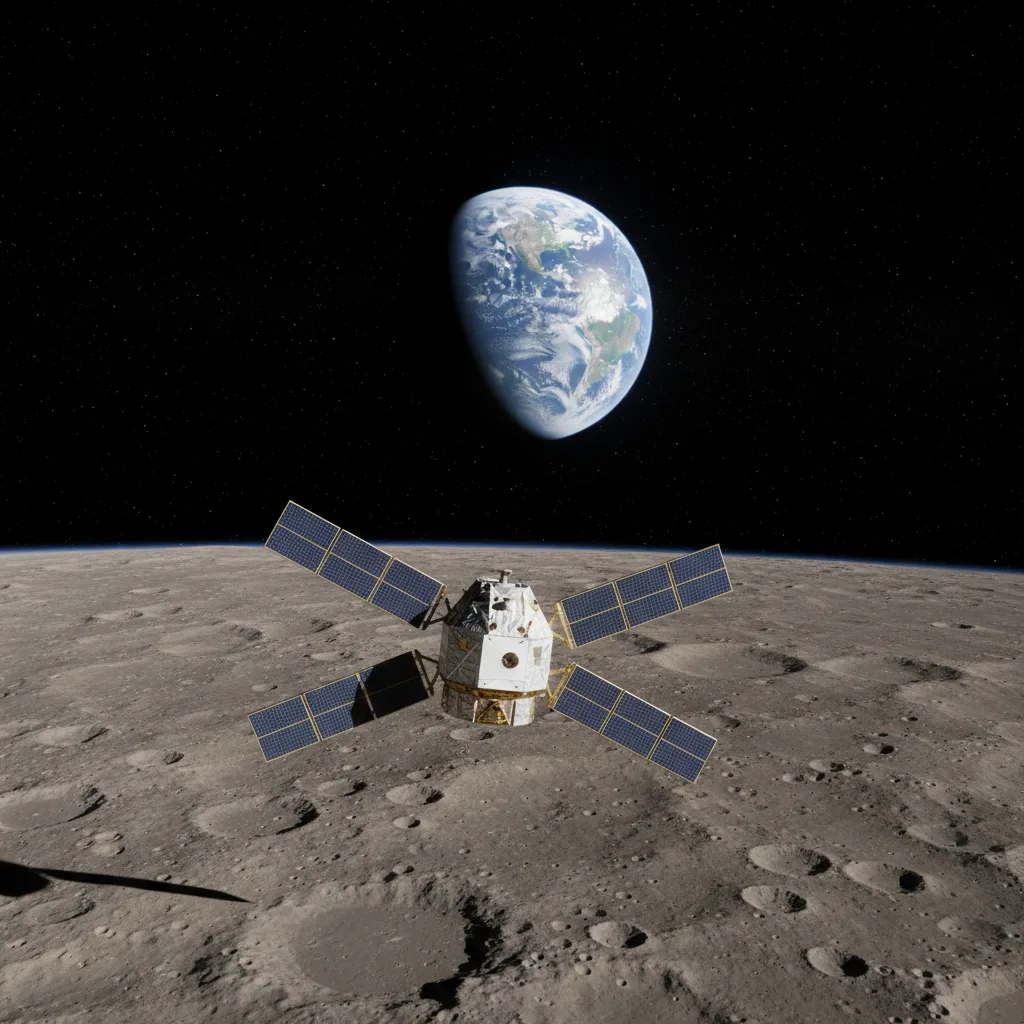 Orion spacecraft orbiting the Moon with Earth in background.