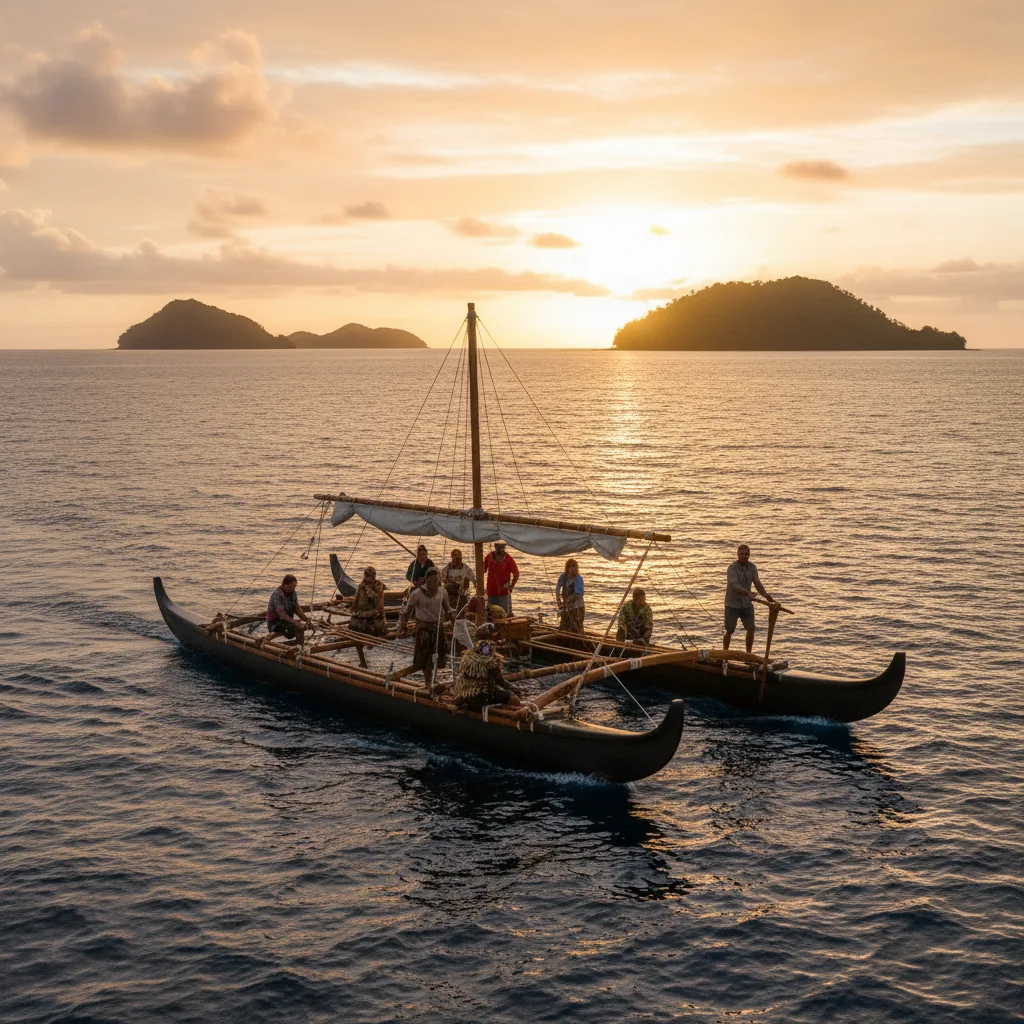 Modern Polynesian navigators sail a traditional canoe in the Pacific.