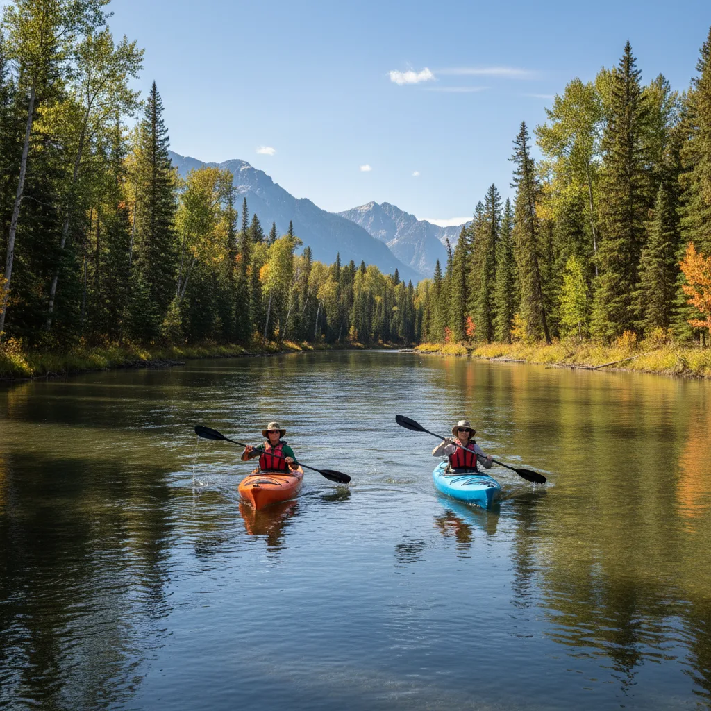 Modern kayakers explore a scenic river in the American West.