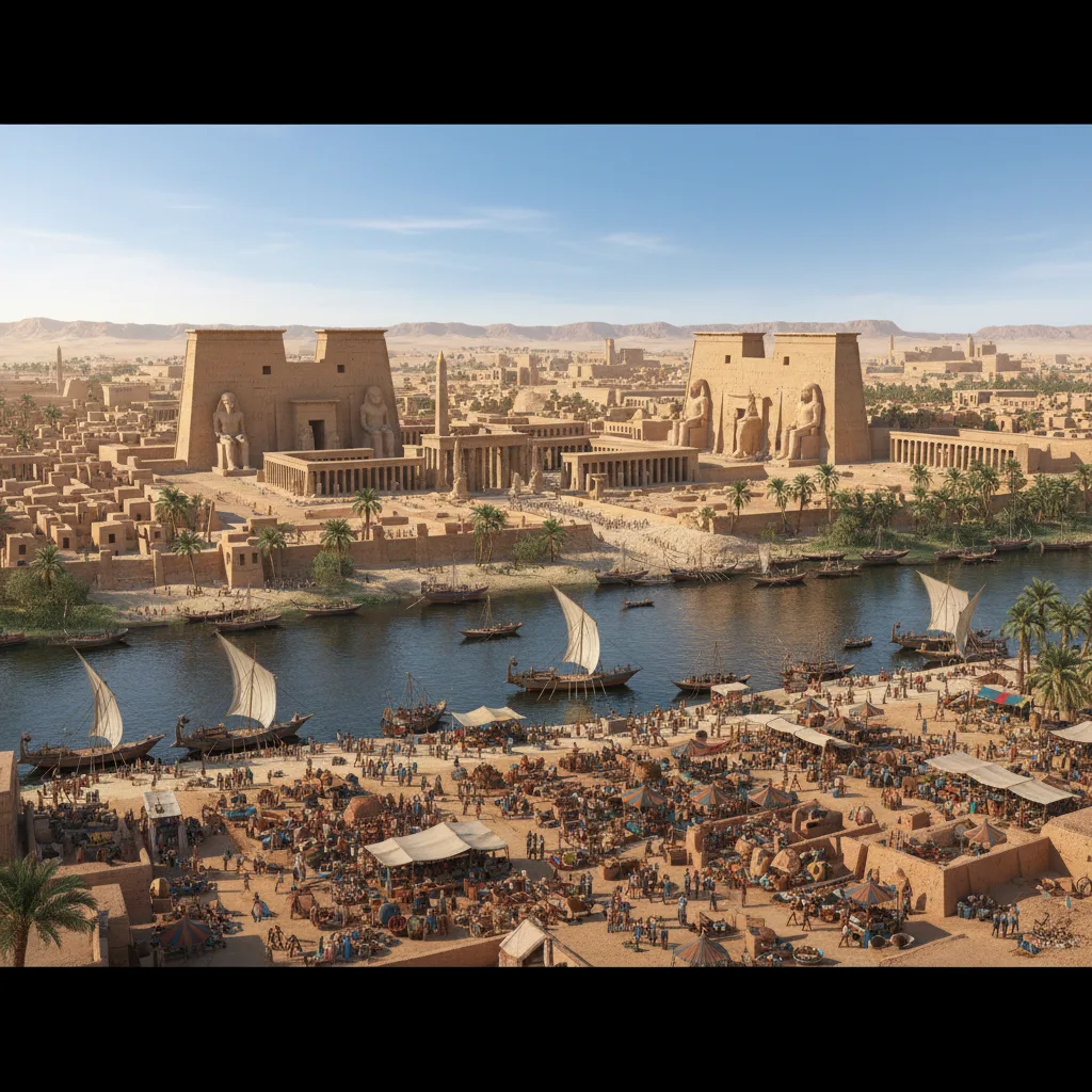 Per-Ramesses: Bustling capital city with colossal temples and harbors.