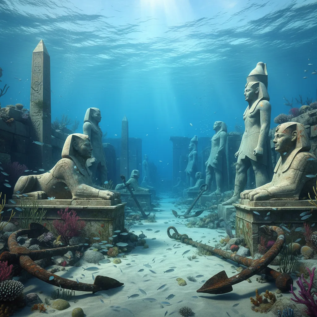 Submerged Thonis-Heracleion: Colossal statues and artifacts on the seabed.