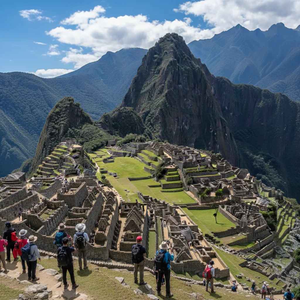 Iconic Machu Picchu citadel nestled amidst towering Andean peaks, Peru.