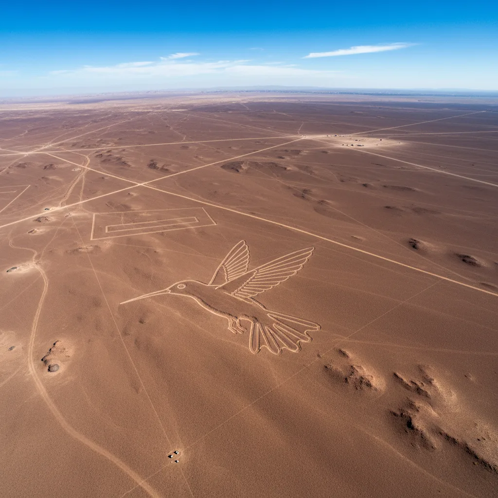 Enigmatic Nazca Lines geoglyphs visible from above in Peruvian desert.