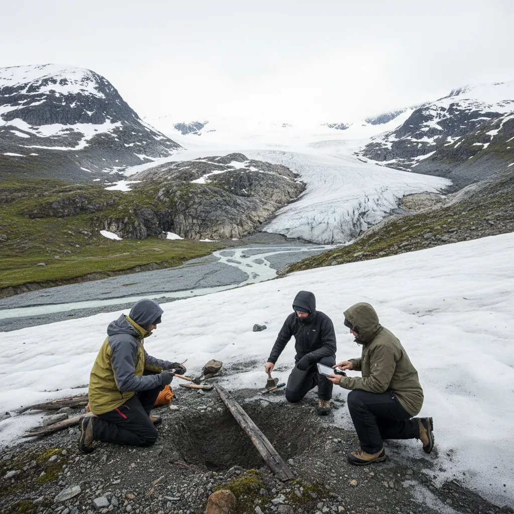 Melting glacier reveals ancient artifacts in rugged mountains.