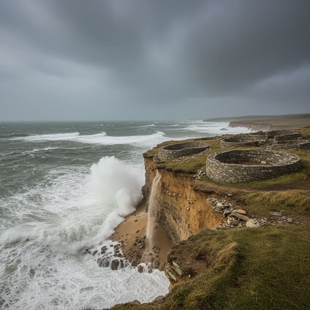 Ancient coastal village eroding into the stormy sea.