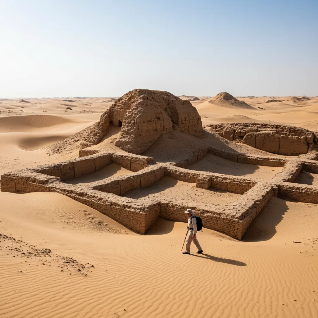 Ancient mudbrick city crumbling in a harsh desert landscape.