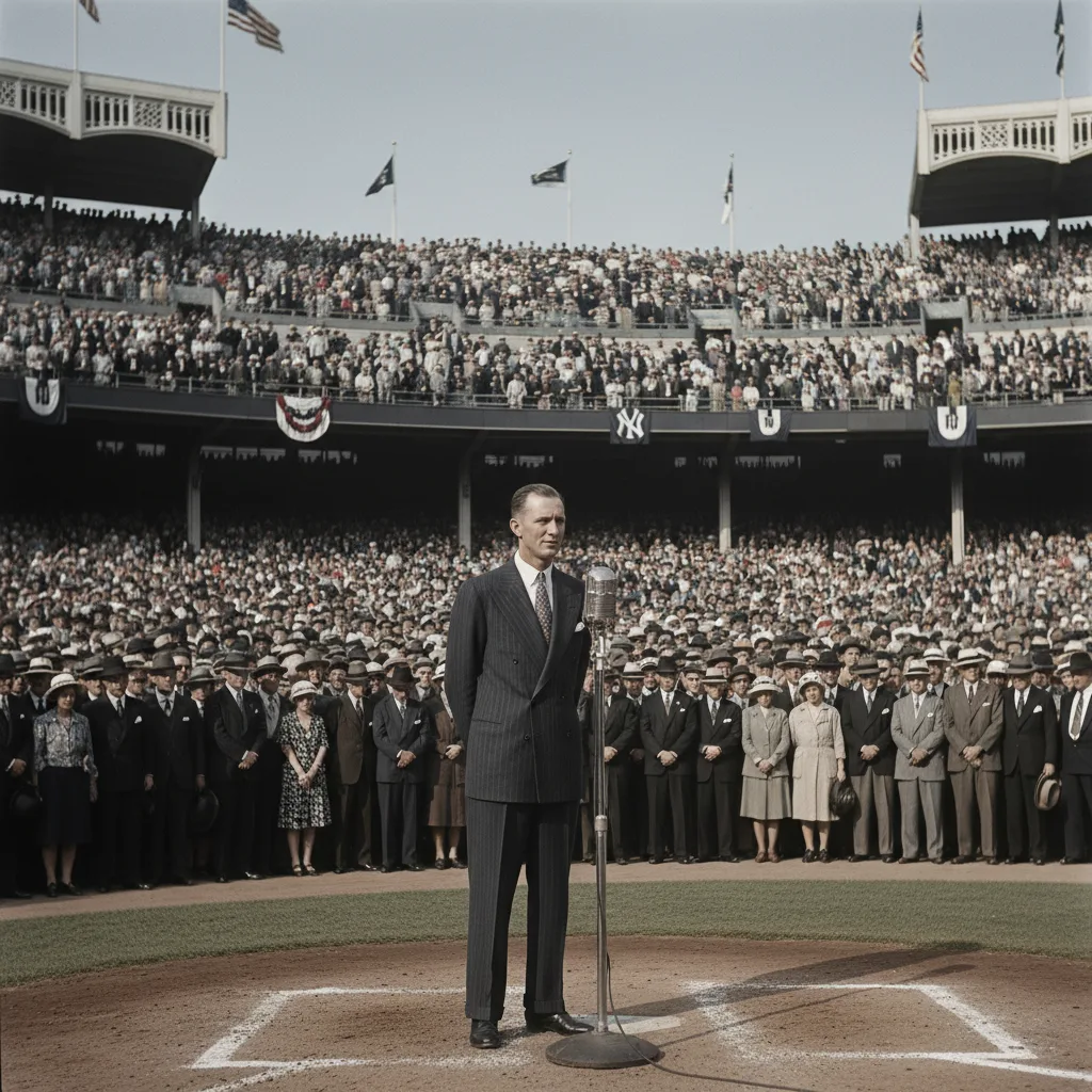 Lou Gehrig delivering "luckiest man" speech at Yankee Stadium, 1939.