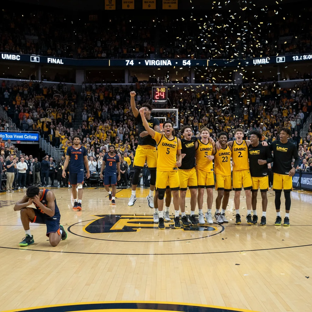UMBC celebrating their historic upset victory over Virginia in 2018.