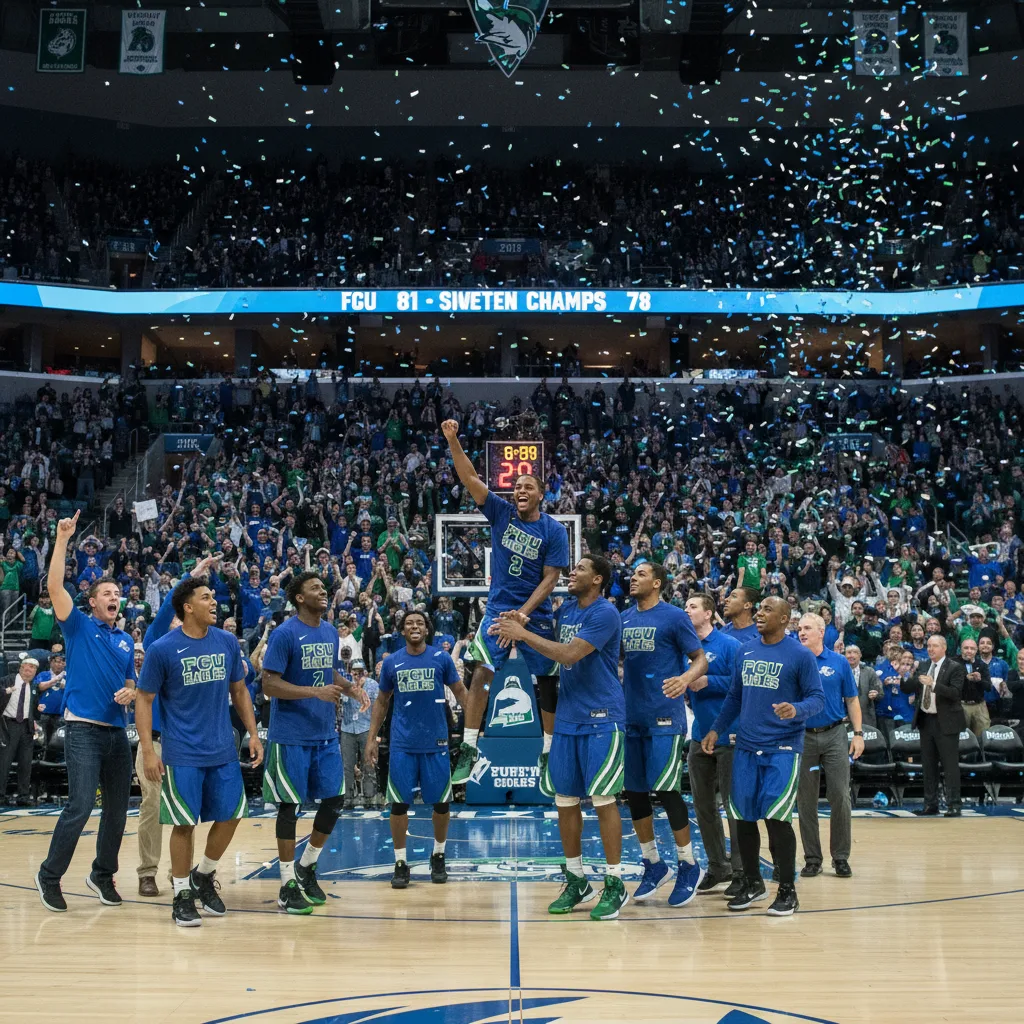 Florida Gulf Coast University basketball team celebrating a Sweet Sixteen victory.