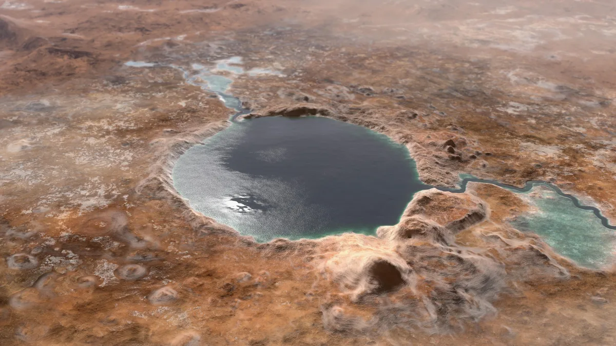 Le cratère Jezero sur Mars est le site d'atterrissage du rover Perseverance de la NASA et la cible de la mission Mars Sample Return, choisi pour son ancien delta fluvial qui pourrait préserver des signes de vie microbienne passée.