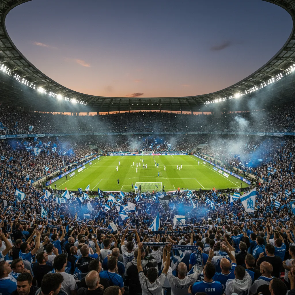 Stade Vélodrome packed with passionate Olympique Marseille fans on match day.