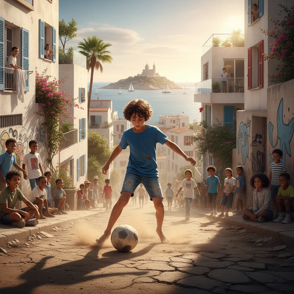 Young Maxime Lopez playing street football in a vibrant Marseille neighborhood.