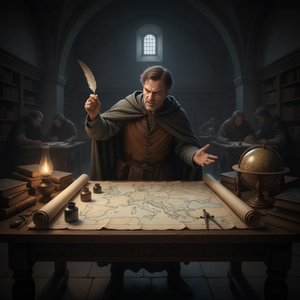 Medieval cartographer struggles with a complex, shifting map of Europe.