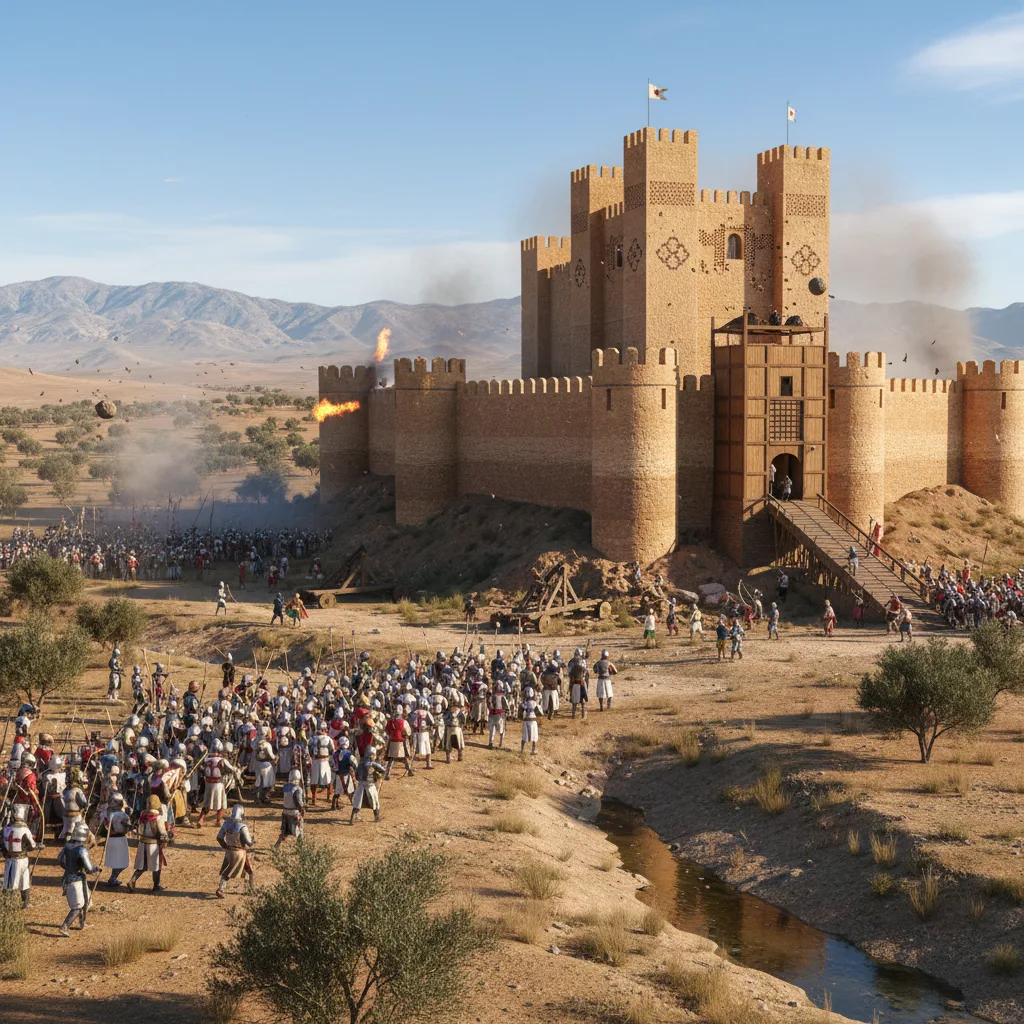 Christian knights besiege a Moorish castle during the Reconquista.
