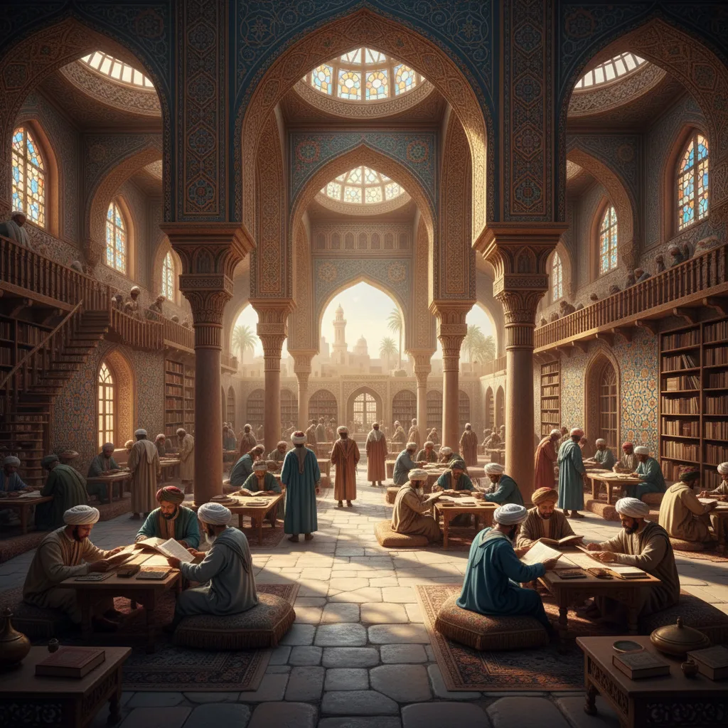 Early Islamic scholars studying ancient texts in a vibrant library.