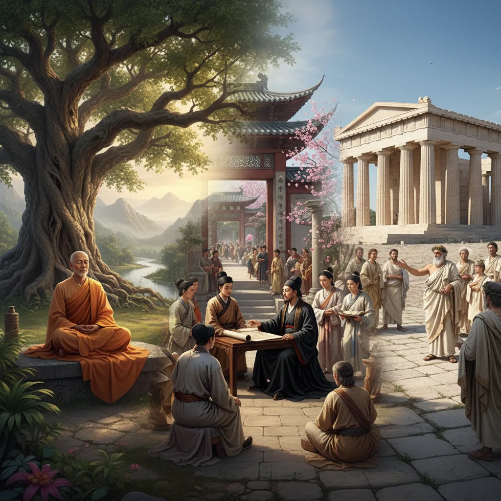 Ancient philosophers from diverse cultures contemplating wisdom and knowledge.