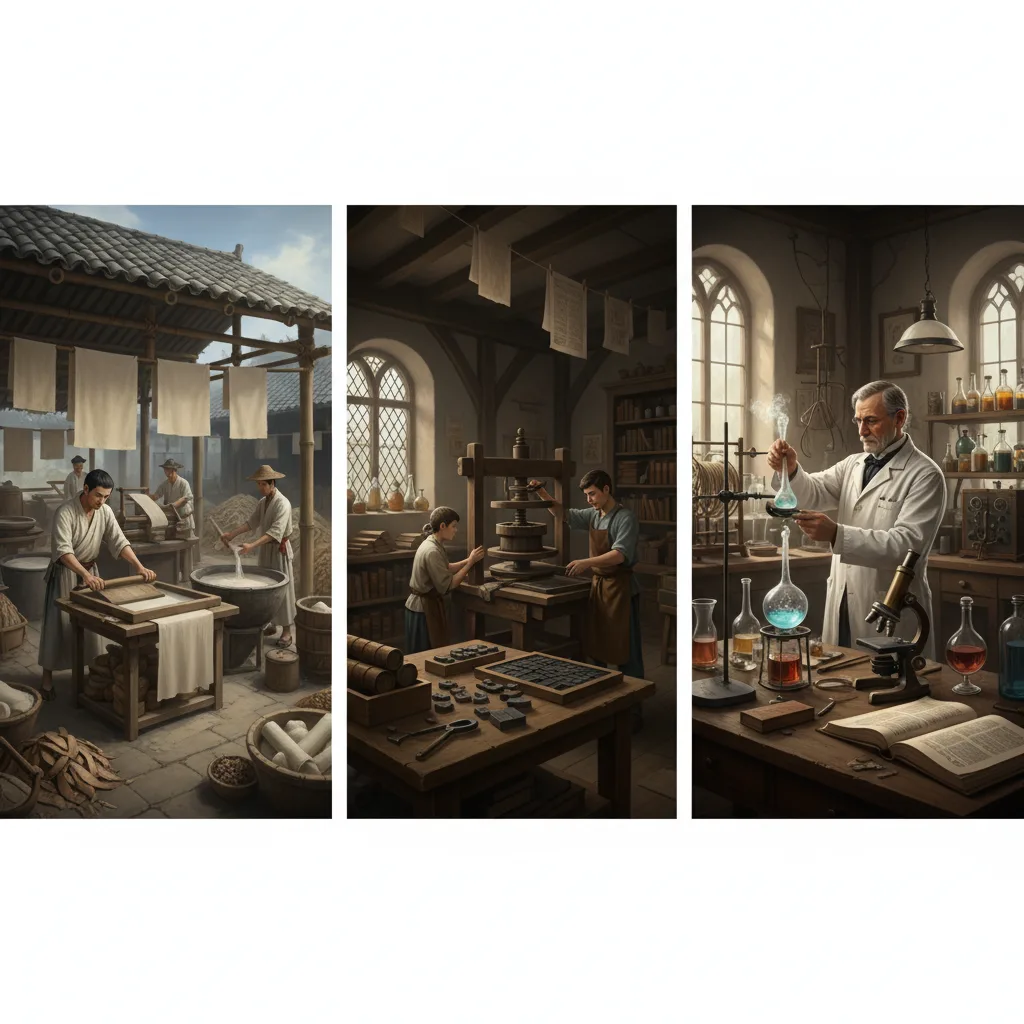 Key historical innovations: papermaking, printing press, and scientific laboratory.