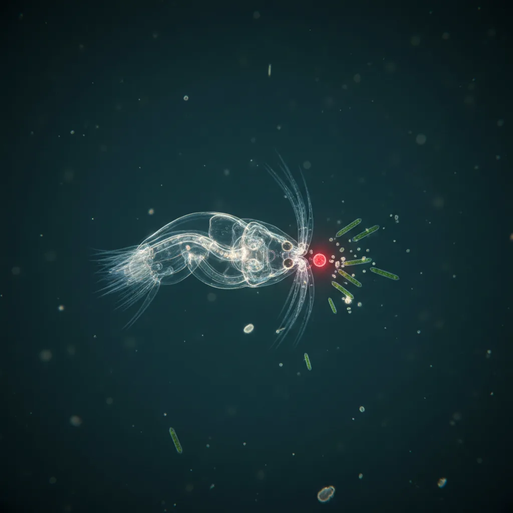 Zooplankton (filter feeder) ingesting a microplastic particle, mistaken for food.