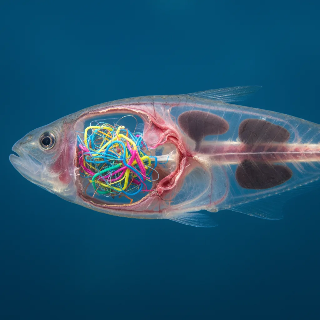 Microfiber plastic causing internal blockage in a small fish's digestive tract.