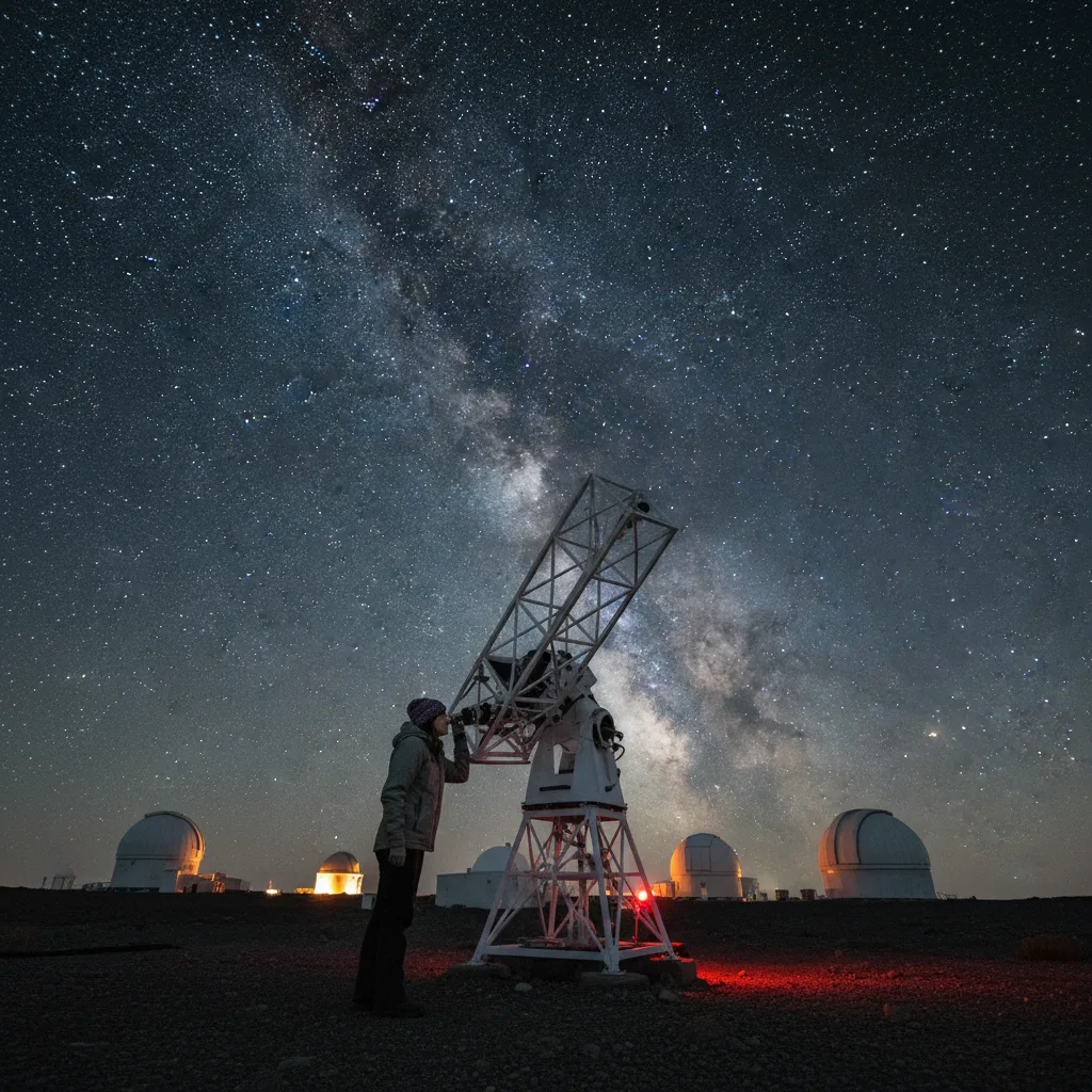 Astronomer observing distant galaxies through a large telescope.