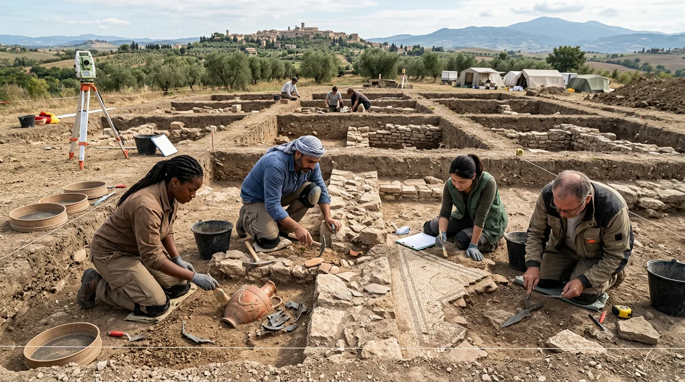 Modern archaeologists excavating ancient site, revealing artifacts.