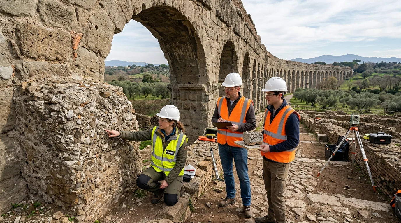 Modern engineers studying ancient Roman concrete durability.