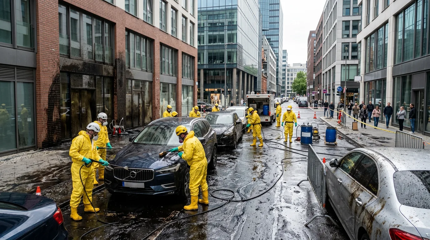 Modern urban street scene after bizarre sticky industrial accident.