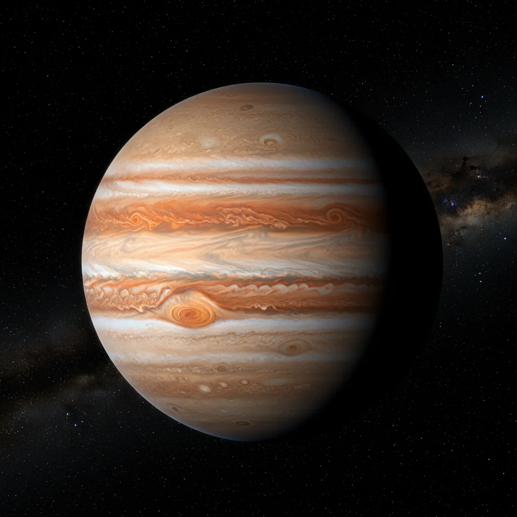 Jupiter's Great Red Spot, colossal storm on gas giant.